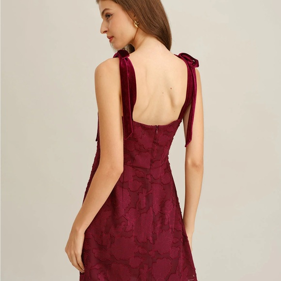 Wine Red Floral Tie Strap Mini Dress - Picture 3 of 5
